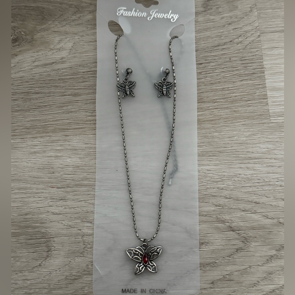 Butterfly Jewelry Set Red Gem Necklace Earrings Silver Tone Gift NEW